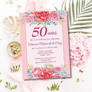 Pink Coral Florals Spanish 50th Birthday Party Invitation
