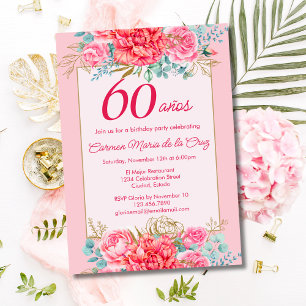 Pink Coral Florals Spanish 60th Birthday Party Invitation