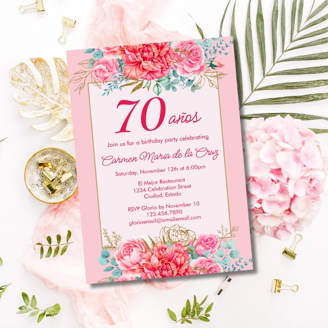 Pink Coral Florals Spanish 70th Birthday Party Invitation (Creator Uploaded)