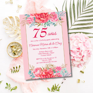 Pink Coral Florals Spanish 75th Birthday Party Invitation