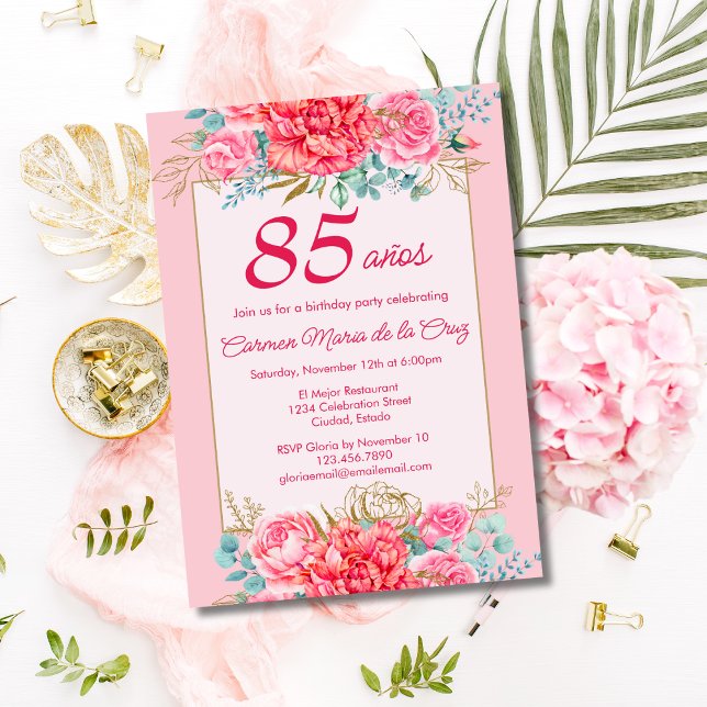 Pink Coral Florals Spanish 85th Birthday Party Invitation (Creator Uploaded)
