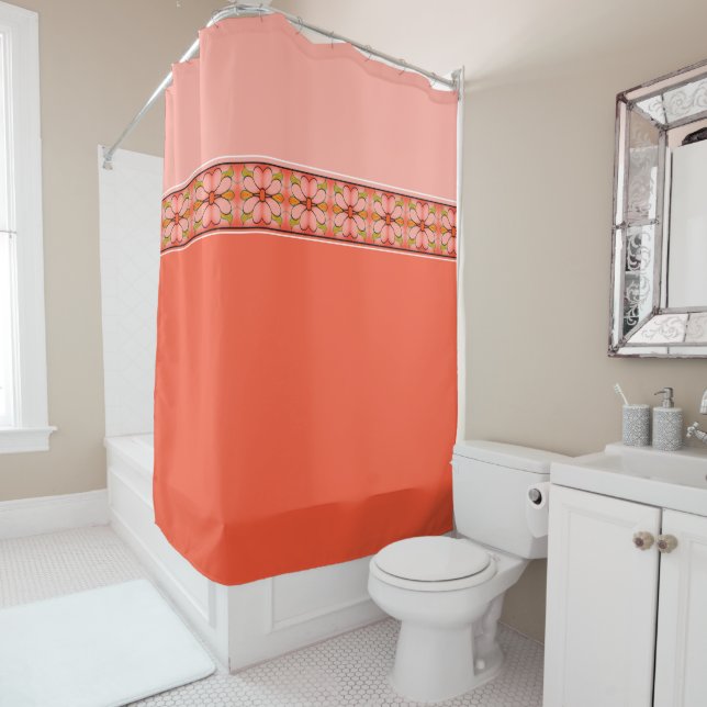 Pink Coral Flower Accented Designer Shower Curtain (In Situ)