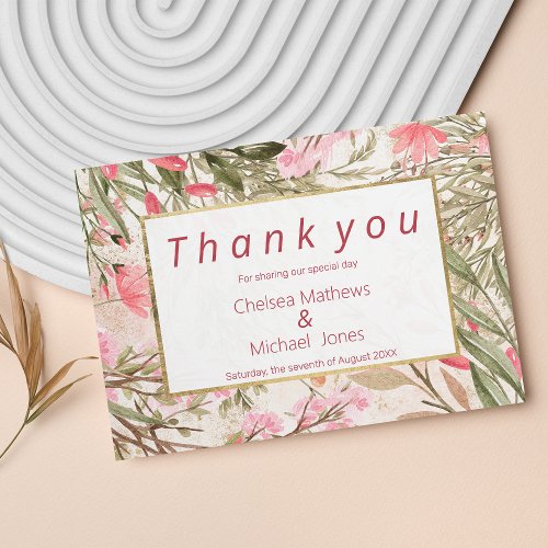 Pink coral forest green watercolor floral thank you card