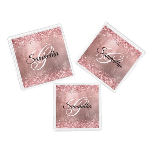 Pink Coral Glitter Rose Gold Foil Fancy Monogramme Acrylic Tray
