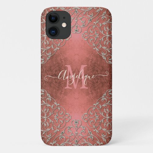 Pink Coral Gold Damask Swirl Elegant Name Monogram iPhone 11 Case