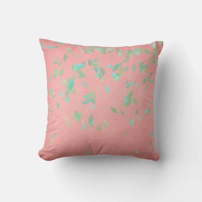 Pink Coral Gold Leafs Mint Green Pastel Throw Pillow (Front)