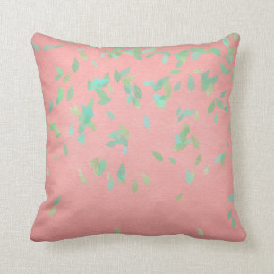 Pink Coral Gold Leafs Mint Green Pastel Throw Pillow