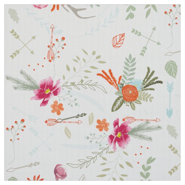 Pink Coral Green Rustic Floral Pattern Fabric (Swatch)