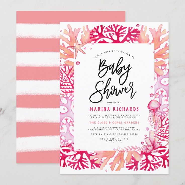 Pink Coral & Jellyfish Nautical Girl Baby Shower Invitation Zazzle