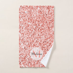 Pink coral light pastel sparkles bling Monogram Bath Towel Set