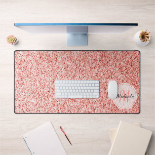 Pink coral light pastel sparkles bling Monogram Desk Mat