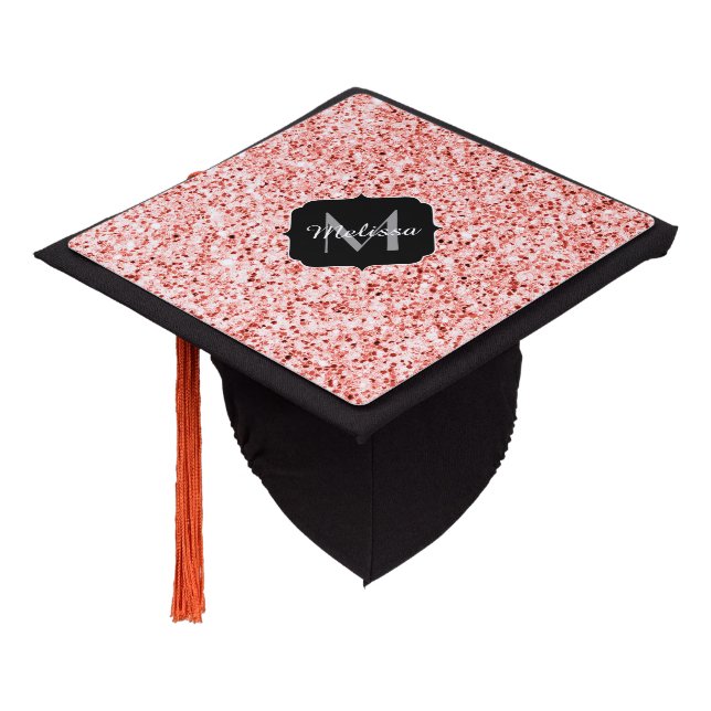 Pink coral light pastel sparkles bling Monogram Graduation Cap Topper (Angled)
