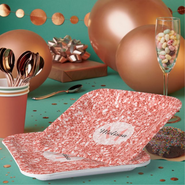 Pink coral light pastel sparkles bling Monogram Paper Plates (Multi)