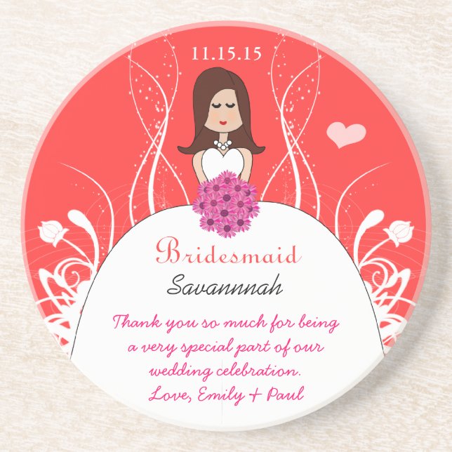 Pink Coral Long Brown Hair Bridesmaid Gown Coaster (Front)