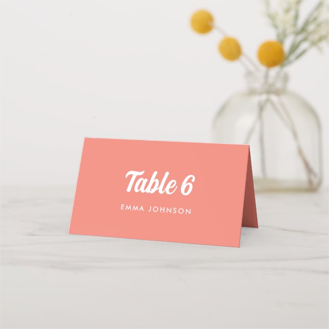 Pink Coral Minimalistic Script Wedding  Place Card (Front)