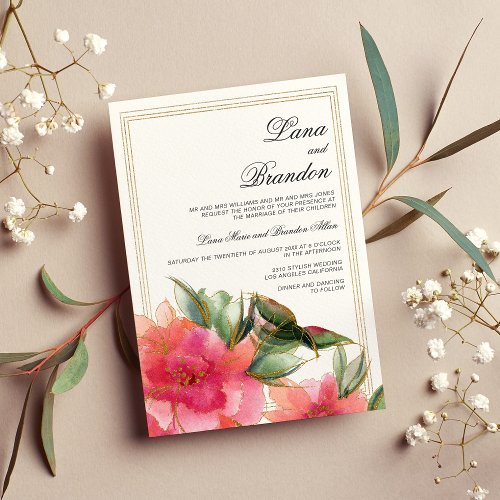 Pink coral mint white gold glitter floral wedding invitation