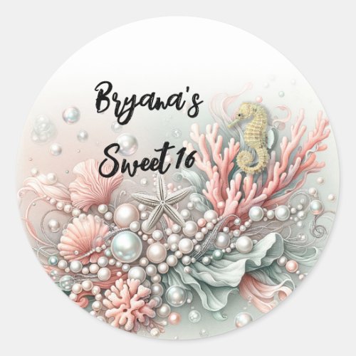 Pink Coral  Pearls Under the Sea Sweet 16 Classic Round Sticker