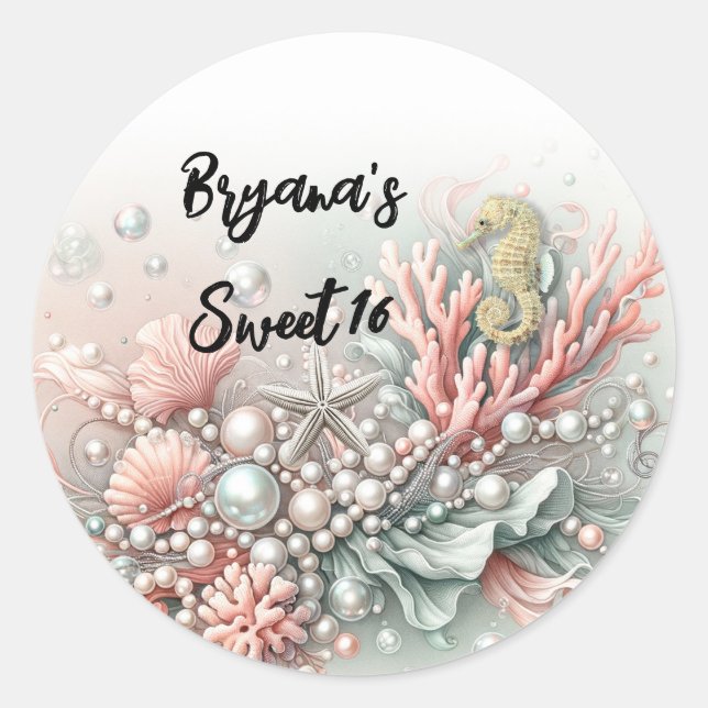 Pink Coral & Pearls Under the Sea Sweet 16 Classic Round Sticker (Front)