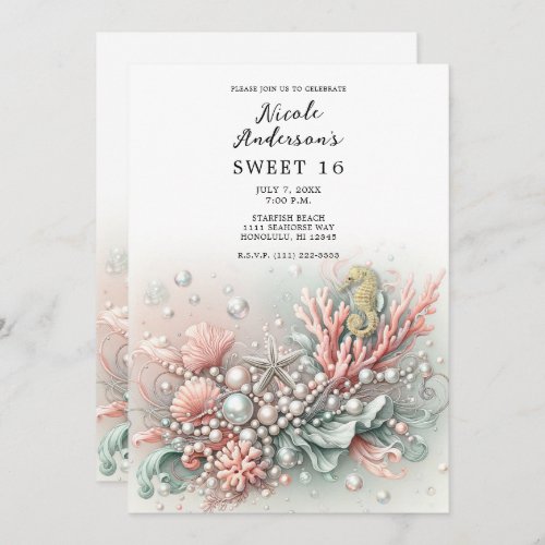 Pink Coral  Pearls Under the Sea Sweet 16 Invitation