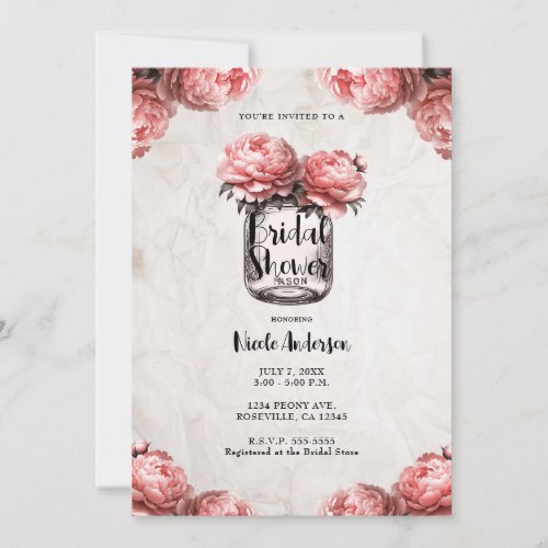 Pink Coral Peony Mason Jar Rustic Bridal Shower  Invitation