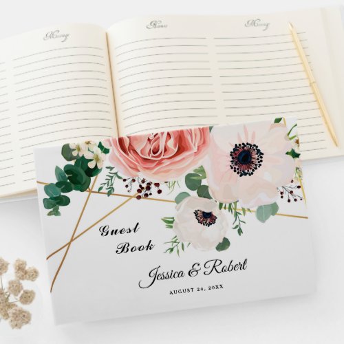 Pink Coral Pink Flowers Wedding Guest Book 