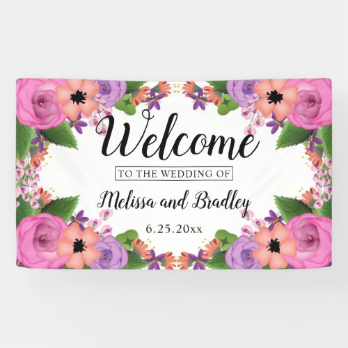 Pink Coral Purple Summer Floral Wedding Welcome Banner