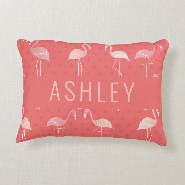 Pink Coral Red Flamingo Pattern Personalized Accent Pillow (Back)