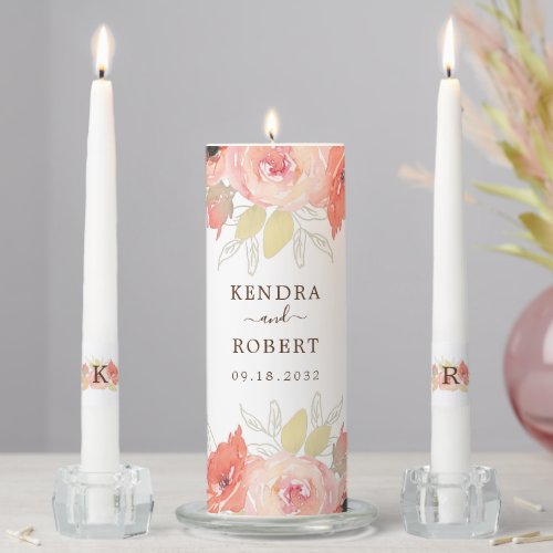 Pink Coral Rose and Gold Leaves Floral  Unity Candle Set