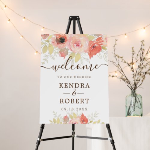 Pink Coral Rose Gold Leaves Floral Wedding Welcome Foam Board