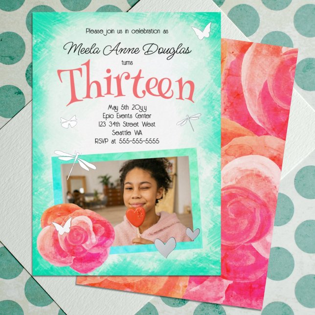 Pink, Coral Rose, Turquoise Photo Birthday Foil Invitation (Cute Pink, Coral, Turquoise Rose, Silver Dragonflies, Dragonflies Bat Mitzvah 13th Invitation)