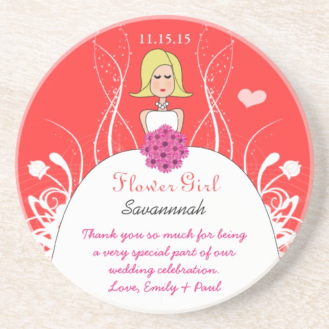 Pink & Coral Side Part Flower Girl Gown Coaster (Front)