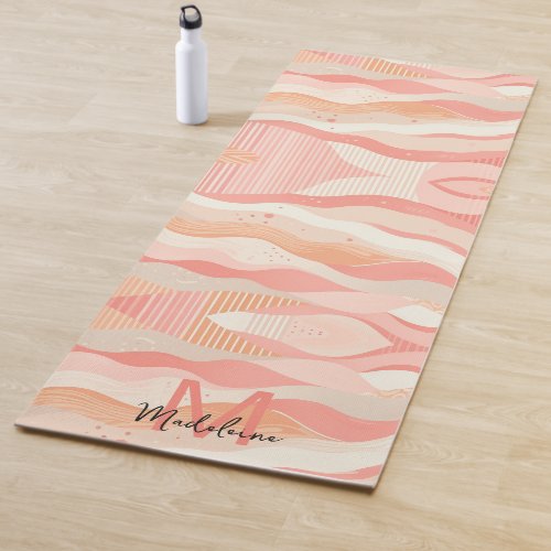 Pink Coral Stripes Waves Pattern Name Monogram Yoga Mat