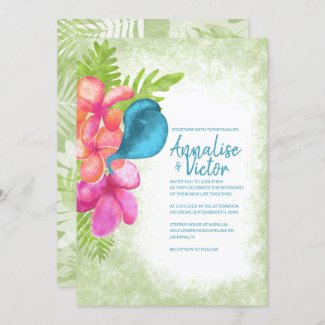 Pink, Coral, Tropical Teal Wedding Invitation