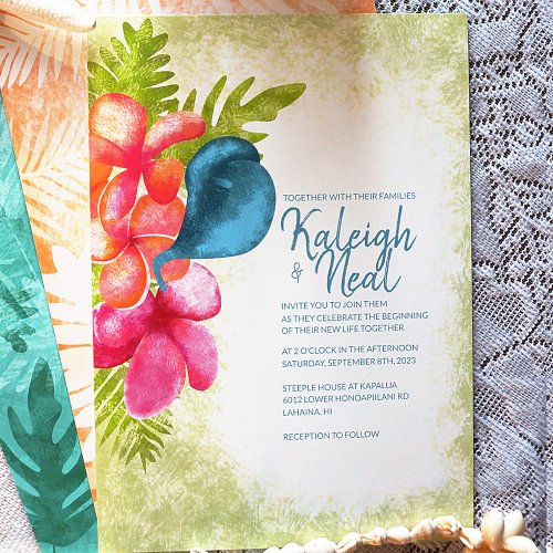 Pink Coral Tropical Teal Wedding Invitation