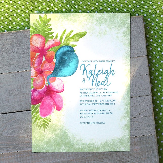 Pink, Coral, Tropical Teal Wedding Invitation (tropical teal calla lily, coral orange, pink plumeria flowers wedding invitations)