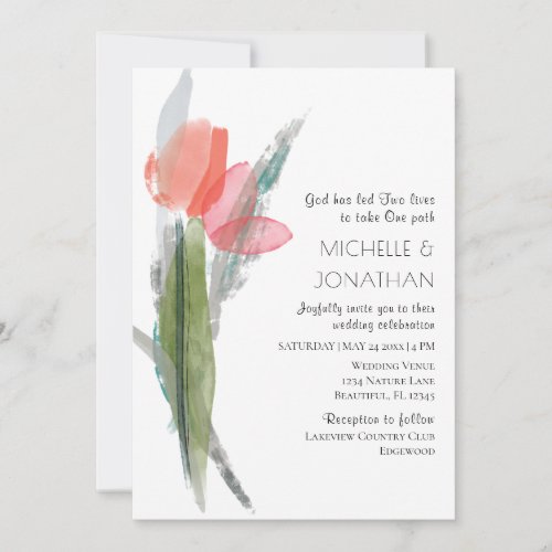 Pink Coral Tulips Modern Floral Christian Wedding Invitation