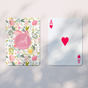 Pink Coral Watercolor Floral Pattern Monogram Name Playing Cards by invitations_kits at Zazzle