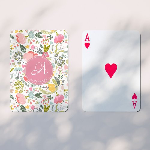 Pink Coral Watercolor Floral Pattern Monogram Name Poker Cards