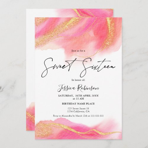 Pink coral watercolor gold glitter photo Sweet 16 Invitation