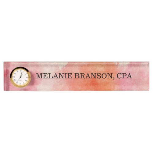 Pink Coral Watercolor Name Title One Line Clock Desk Name Plate