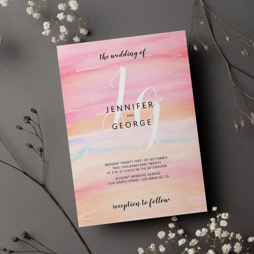 Pink coral watercolor paint brushstrokes wedding  invitation