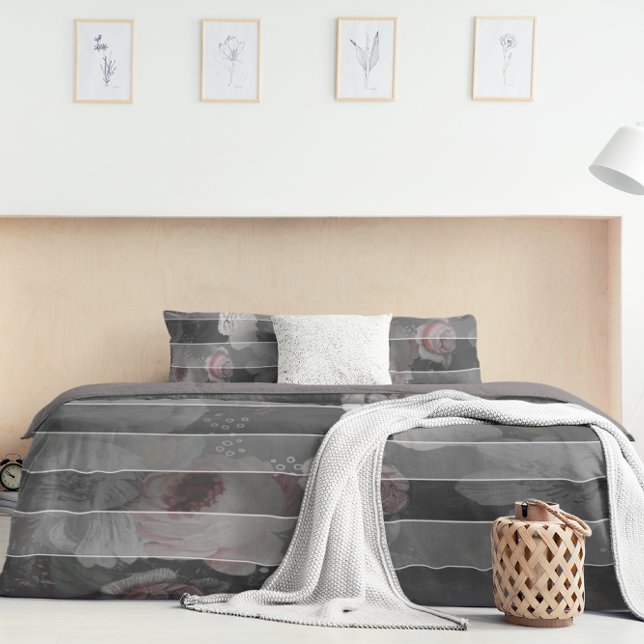 Pink, Coral, White & Black Victorian Rose Floral Duvet Cover (Creator Uploaded)