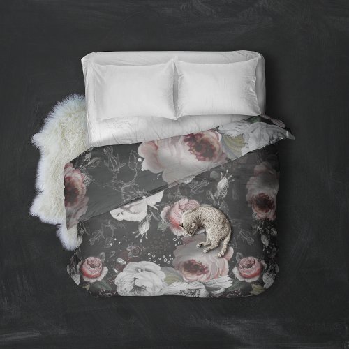 Pink Coral White  Black Victorian Rose Floral Duvet Cover