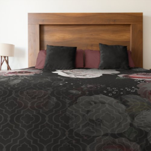 Pink Coral White  Black Victorian Rose Floral Duvet Cover