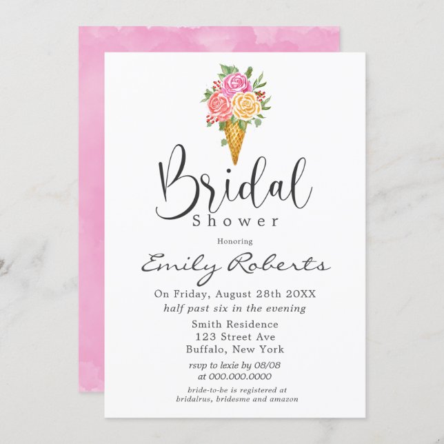 Pink Coral Yellow Ice Cream Cone Bridal Shower  Invitation (Front/Back)