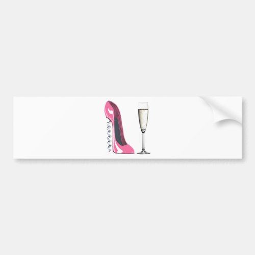 Pink Corkscrew Stiletto Shoe and Champagne Glass Bumper Sticker