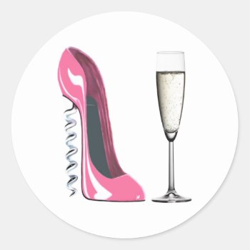 Pink Corkscrew Stiletto Shoe And Champagne Glass Classic Round Sticker by shoe_art at Zazzle