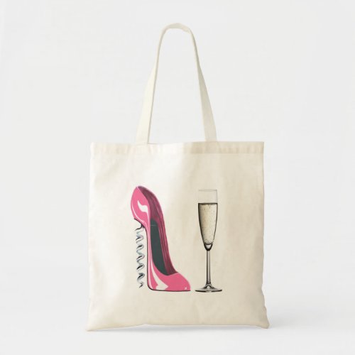 Pink Corkscrew Stiletto Shoe and Champagne Glass Tote Bag