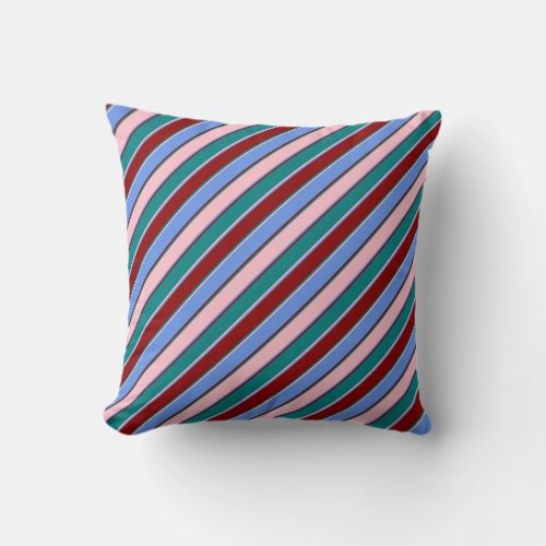 Pink Cornflower Blue Dark Red  Teal Stripes Throw Pillow