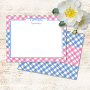 Pink & Cornflower Blue Preppy Gingham Stationery Note Card